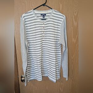 Chaps - Gray / Off-White Striped  Crew Neck Henley L/S top - Size XL - Great Con